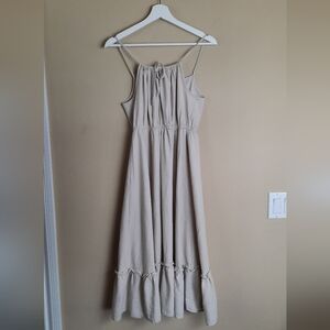 Elegant Ruffled Prairie Tiered Linen Blend Cream Midi Dress Cottage Cottagecore